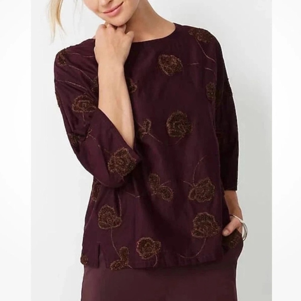 J. Jill Pure Jill Cotton Deep Purple Valley Florals Embroidered Blouse (L) - Picture 1 of 9